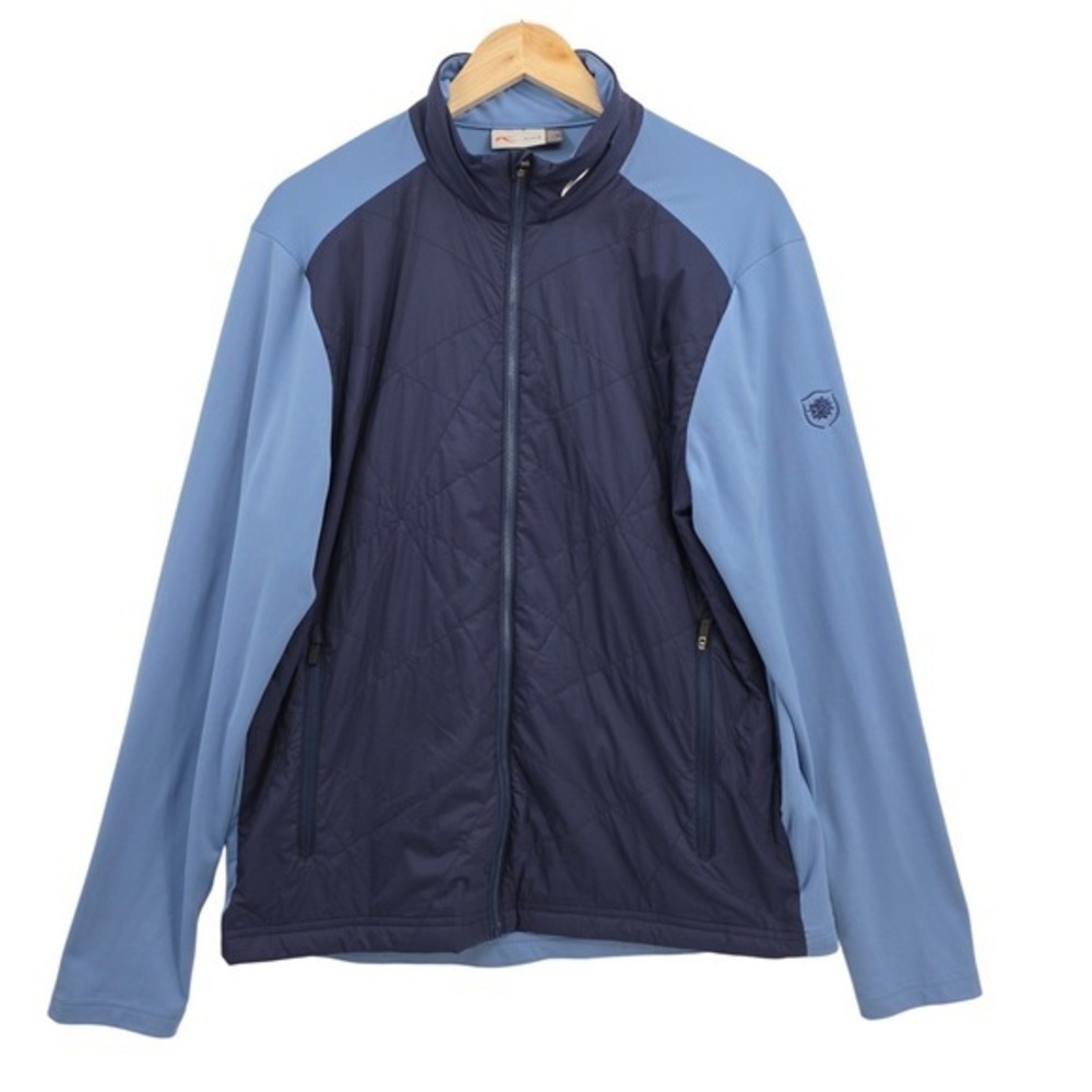 KJUS Mens L Blue Retention Hybrid Quilted Golf Jacket Embroidered Lion Crest